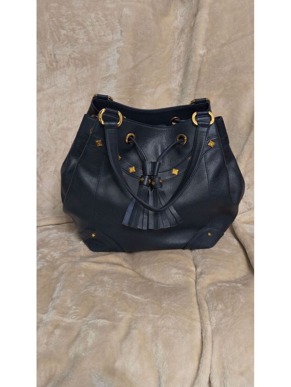 L20. MCM Navy Blue Calf Pebbled Leather Large Hobo